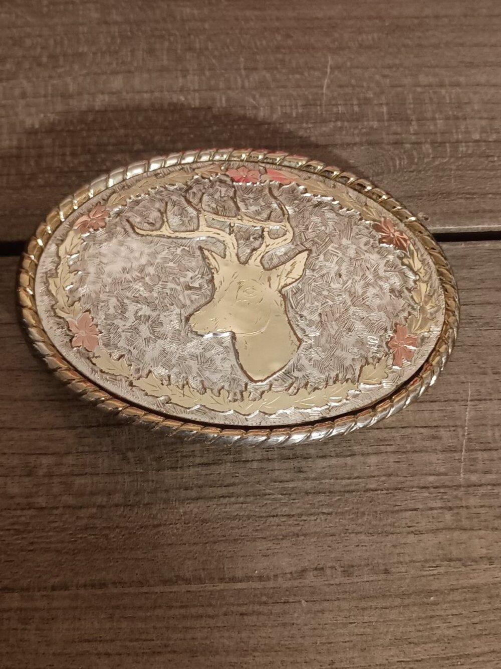 Vintage Buck Deer Western Style Belt Buckle Gold Tone with Rose Gold Tone Inlay